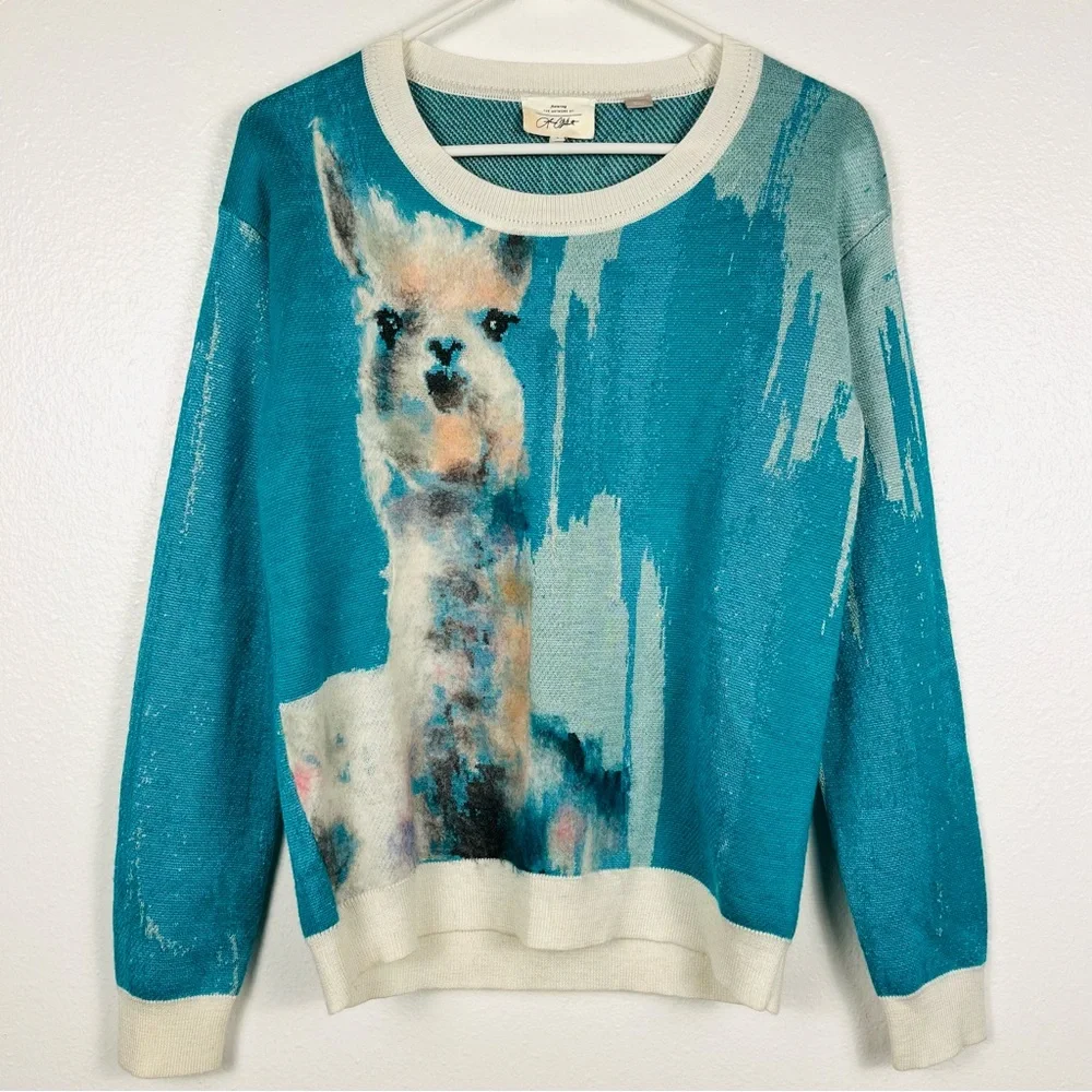 Anthropologie Llama Abstract Watercolor Turquoise Blue Pullover Sweater Small